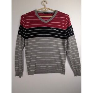 Travis Mathew V-Neck Sweater Mens L Red Black Grey Striped Hideaway Logo